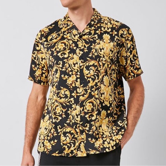 NWOT Forever 21 Baroque Gold Satin Button Down - Picture 1 of 3